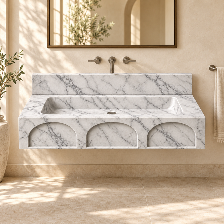 Portico Carrara Arch-Relief Floating Marble Sink, styled bathroom view, design rendering
