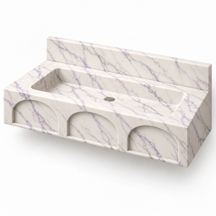 Portico Lilac Arch-Relief Floating Marble Sink, three-quarter view on white, design rendering