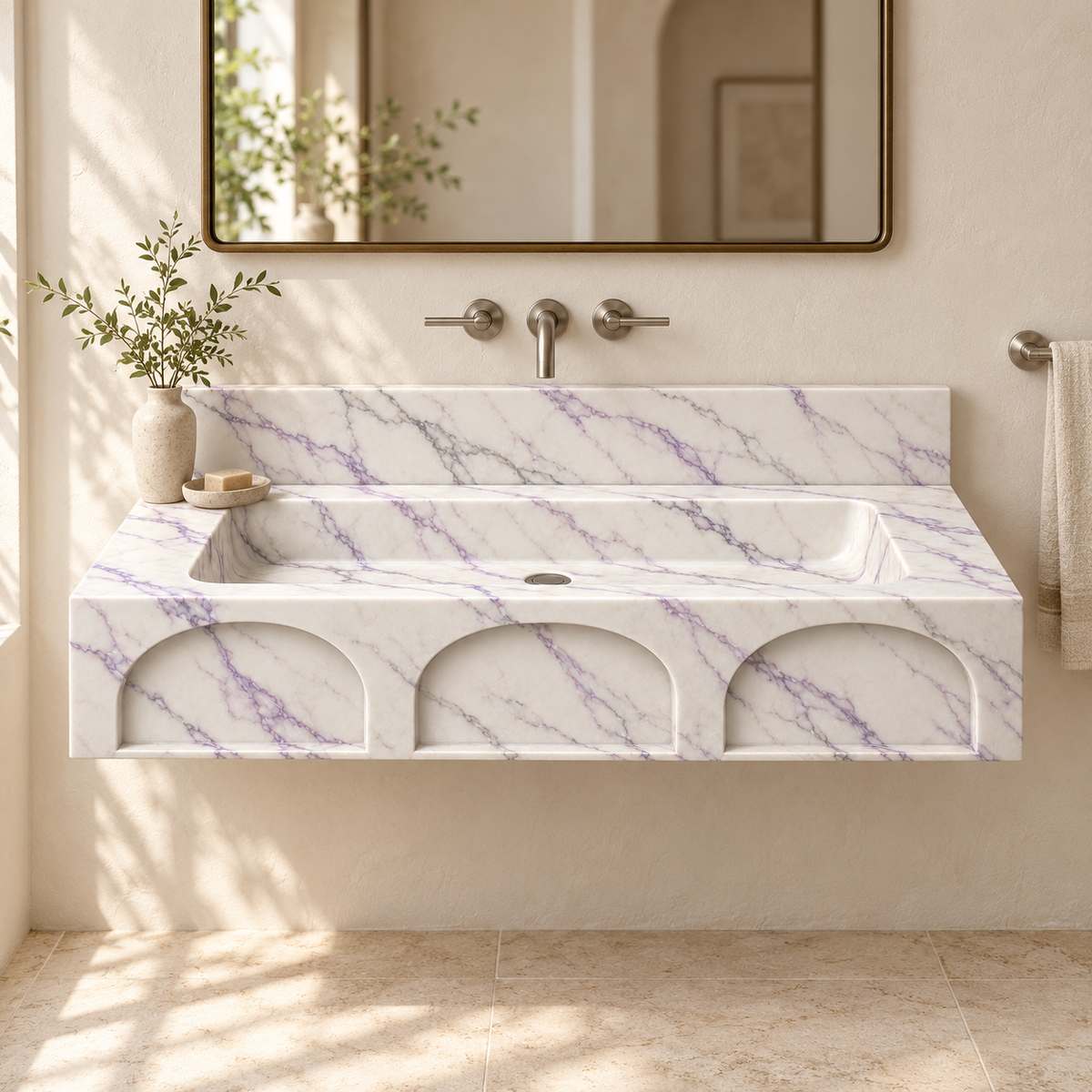 Portico Lilac Arch-Relief Floating Marble Sink, styled bathroom view, design rendering