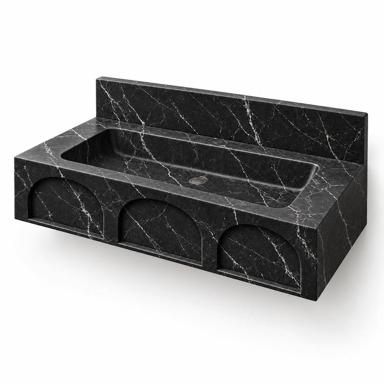 Portico Nero Marquina Arch-Relief Floating Marble Sink, three-quarter view on white, design rendering