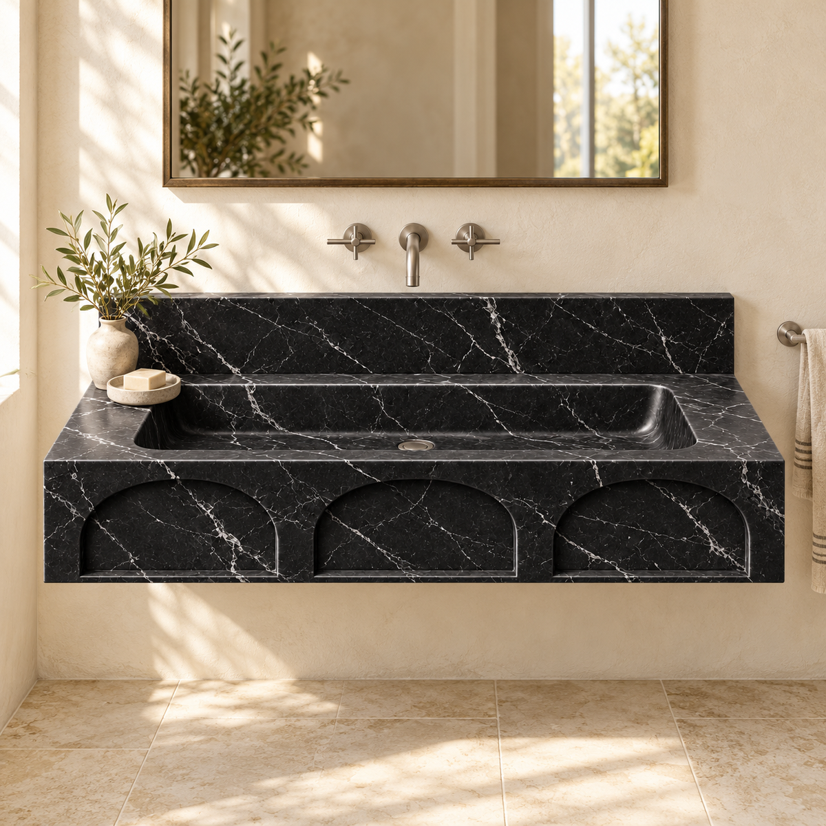 Portico Nero Marquina Arch-Relief Floating Marble Sink, styled bathroom view, design rendering