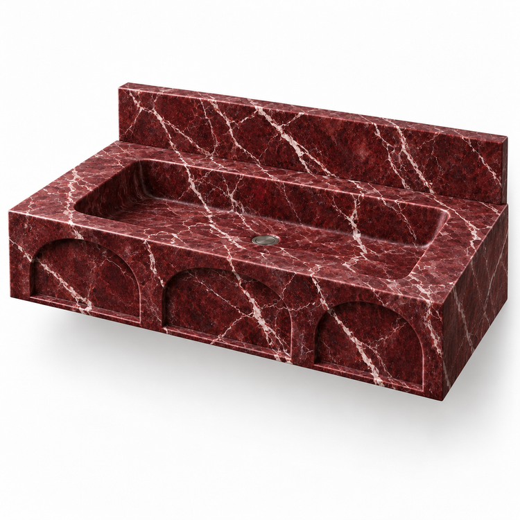 Portico Rosso Levanto Arch-Relief Floating Marble Sink, three-quarter view on white, design rendering