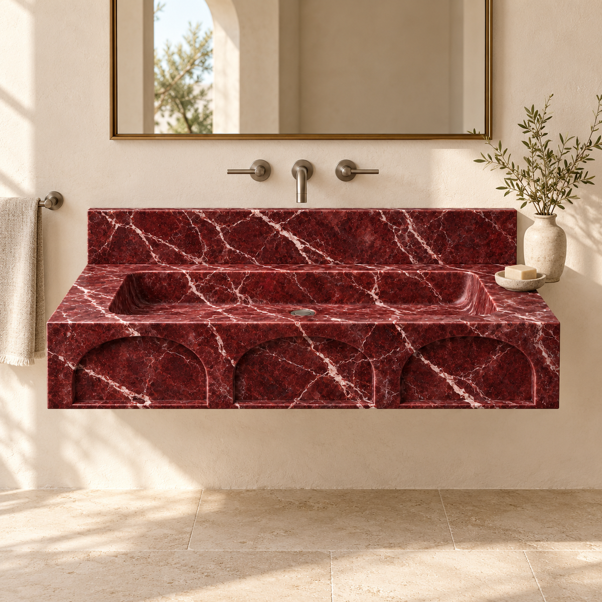 Portico Rosso Levanto Arch-Relief Floating Marble Sink, styled bathroom view, design rendering