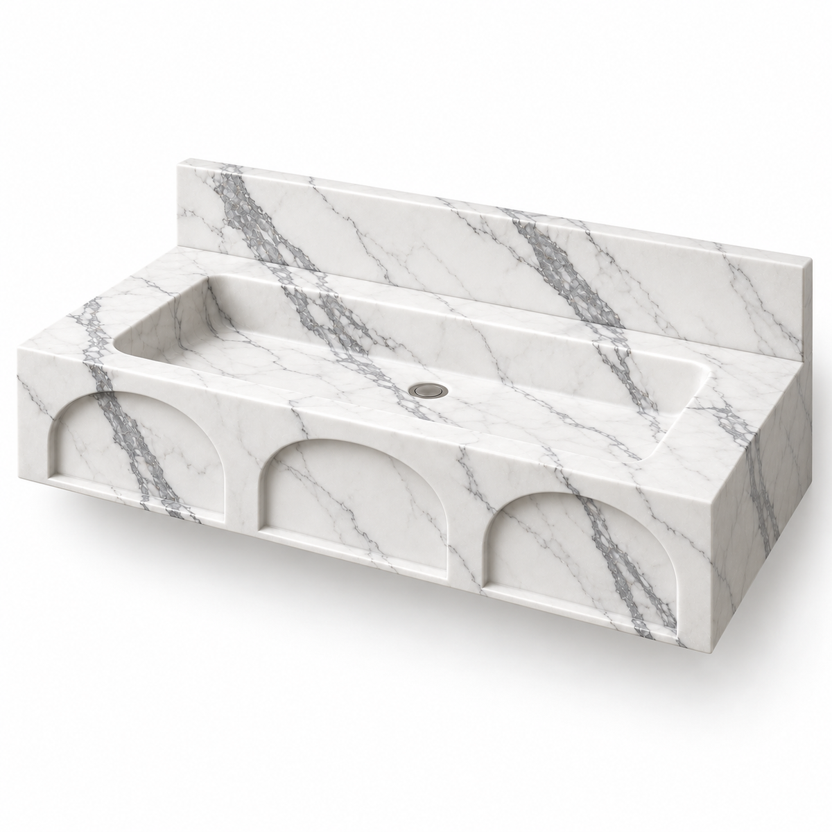 Portico Statuario Arch-Relief Floating Marble Sink, three-quarter view on white, design rendering