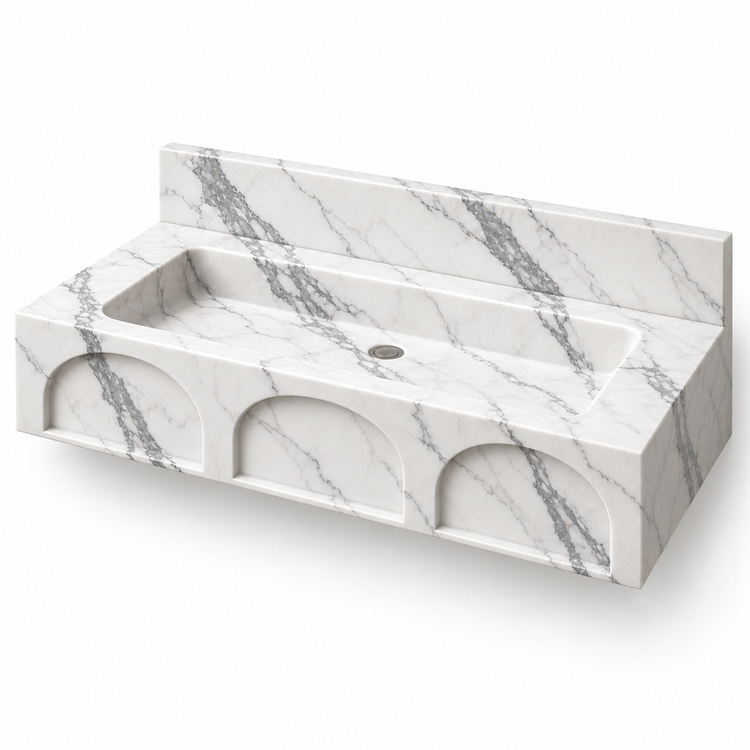 Portico Statuario Arch-Relief Floating Marble Sink, three-quarter view on white, design rendering