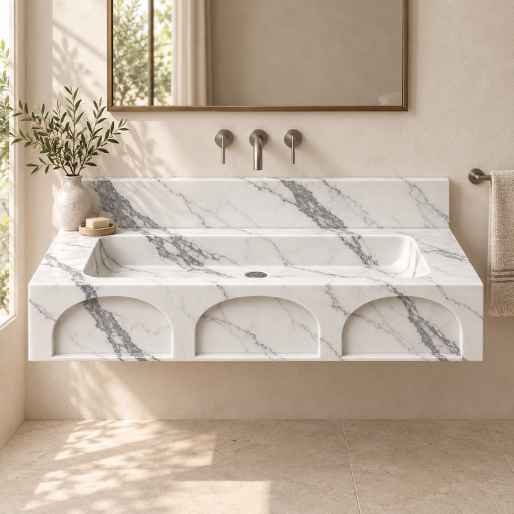 Portico Statuario Arch-Relief Floating Marble Sink, styled bathroom view, design rendering