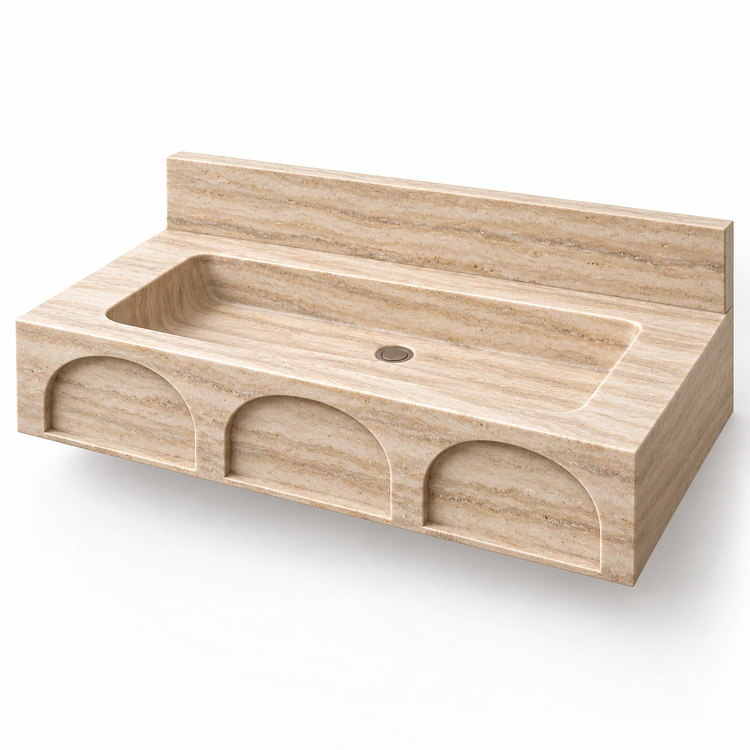 Portico Travertine Arch-Relief Floating Stone Sink, three-quarter view on white, design rendering