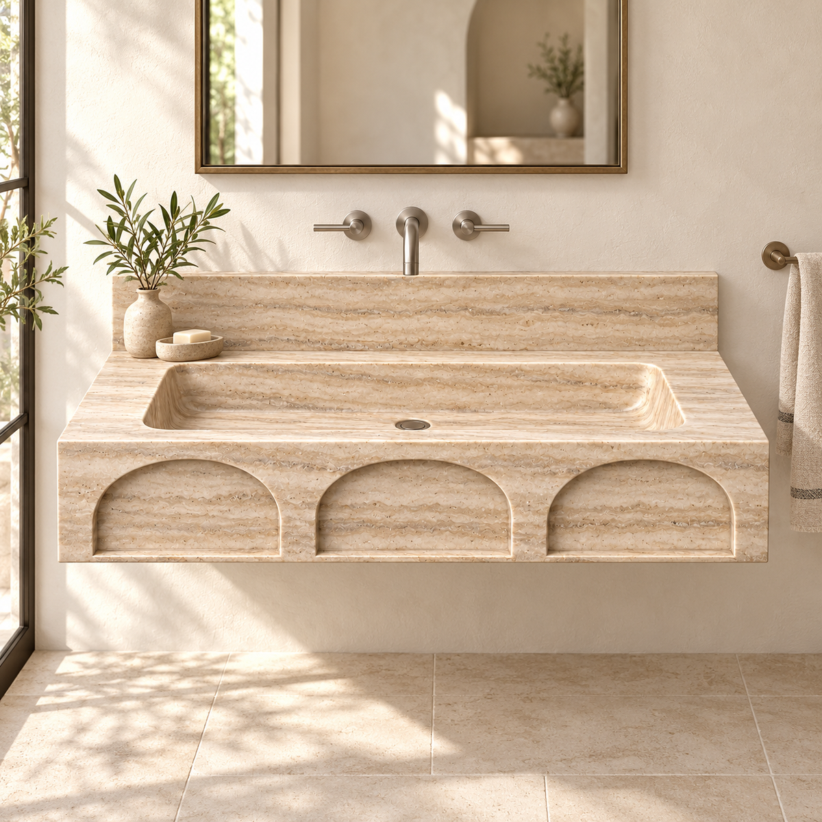 Portico Travertine Arch-Relief Floating Stone Sink, styled bathroom view, design rendering