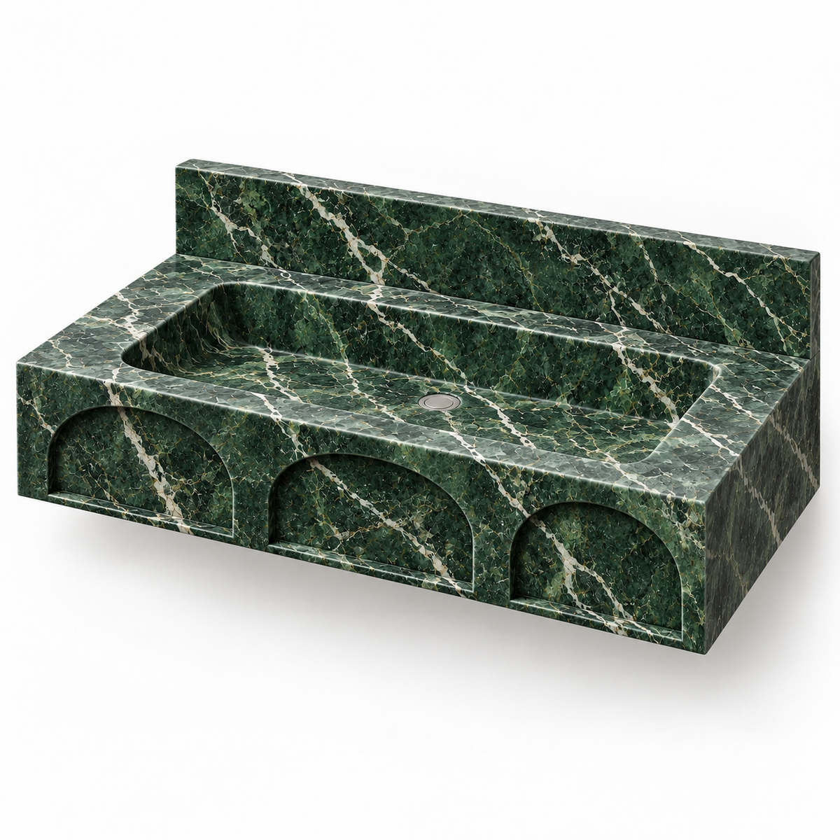 Portico Verde Alpi Arch-Relief Floating Marble Sink, three-quarter view on white, design rendering