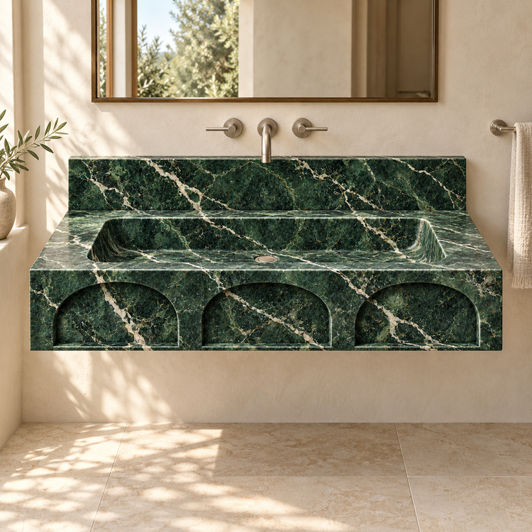 Portico Verde Alpi Arch-Relief Floating Marble Sink, styled bathroom view, design rendering