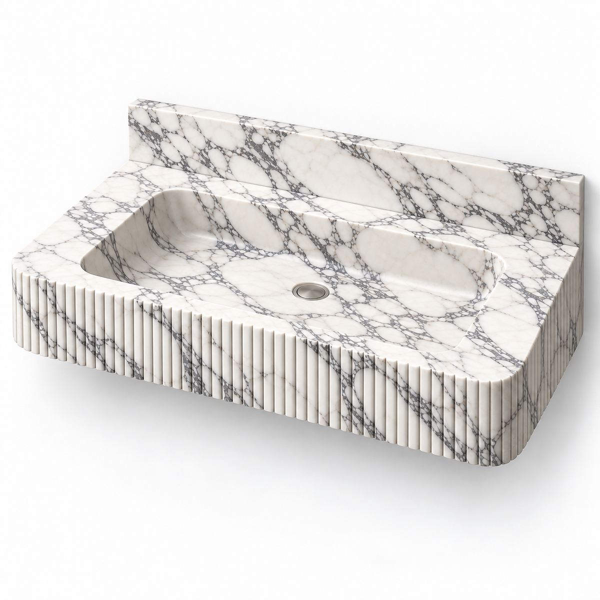 Reed Arabescato Fine-Fluted Floating Marble Sink, three-quarter view on white, design rendering