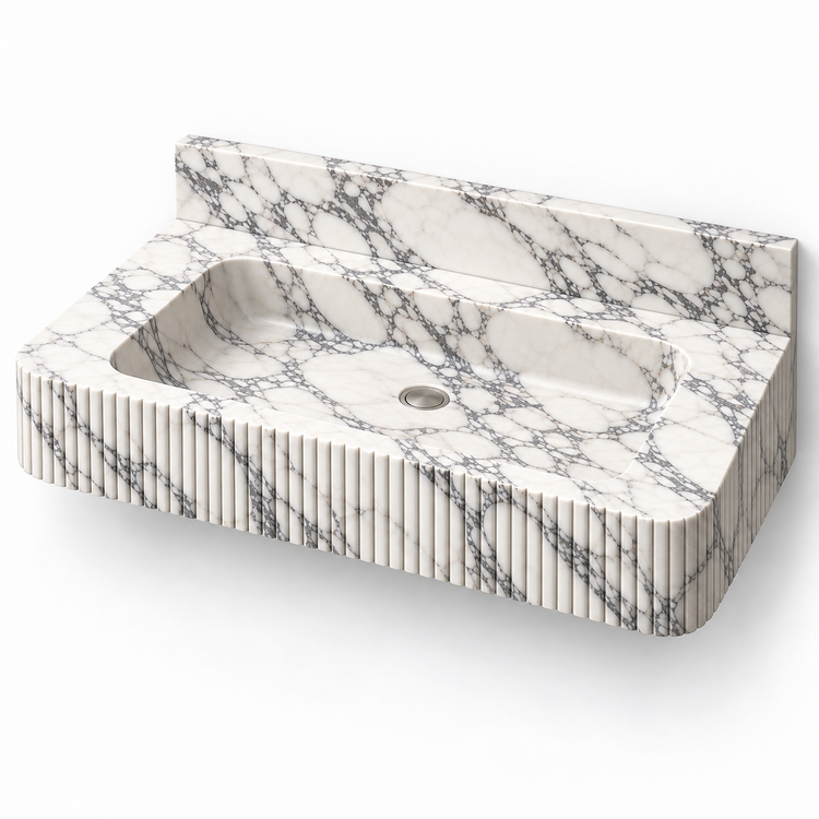 Reed Arabescato Fine-Fluted Floating Marble Sink, three-quarter view on white, design rendering