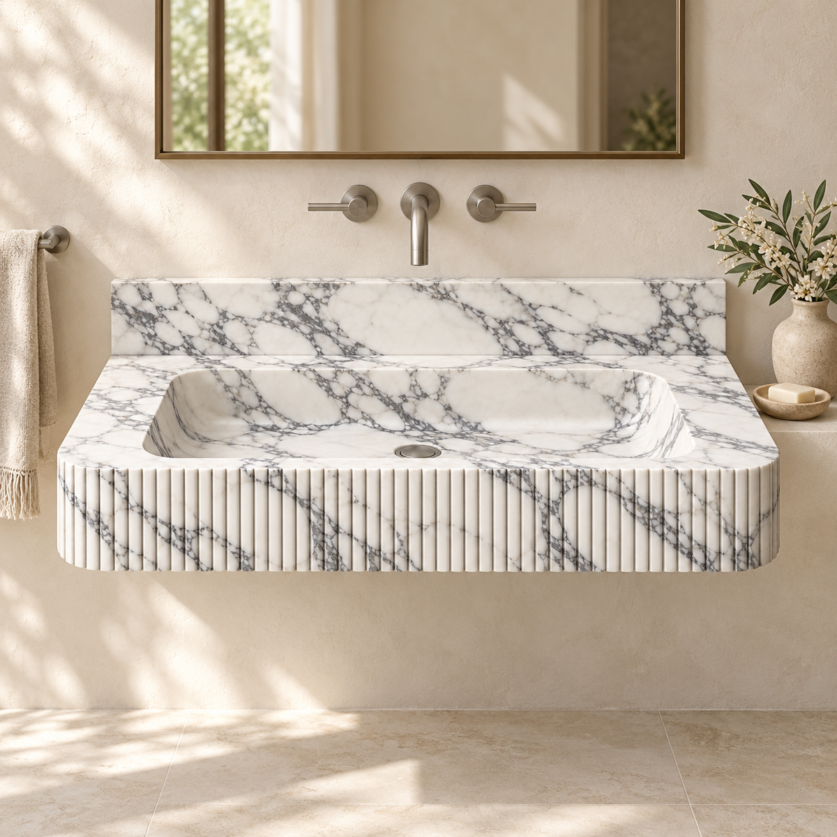 Reed Arabescato Fine-Fluted Floating Marble Sink, styled bathroom view, design rendering