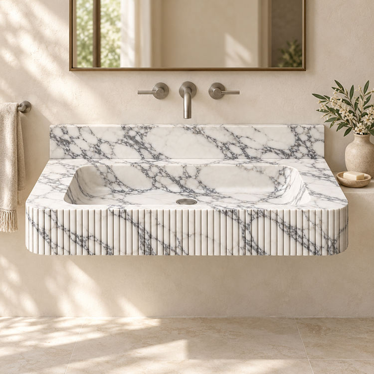 Reed Arabescato Fine-Fluted Floating Marble Sink, styled bathroom view, design rendering
