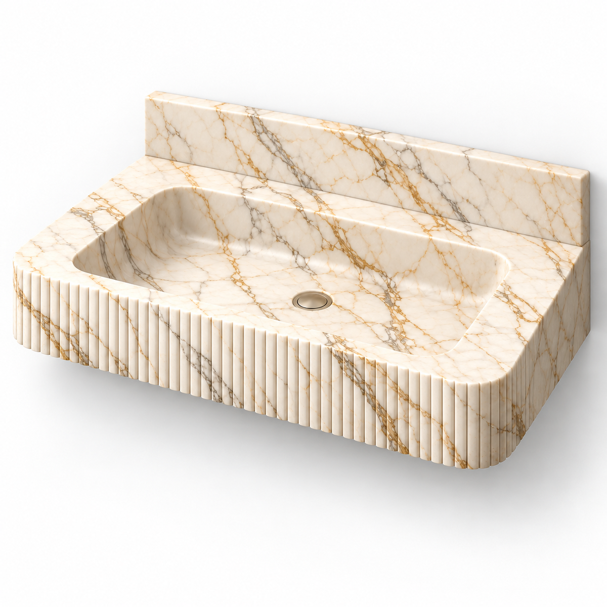 Reed Calacatta Gold Fine-Fluted Floating Marble Sink, three-quarter view on white, design rendering