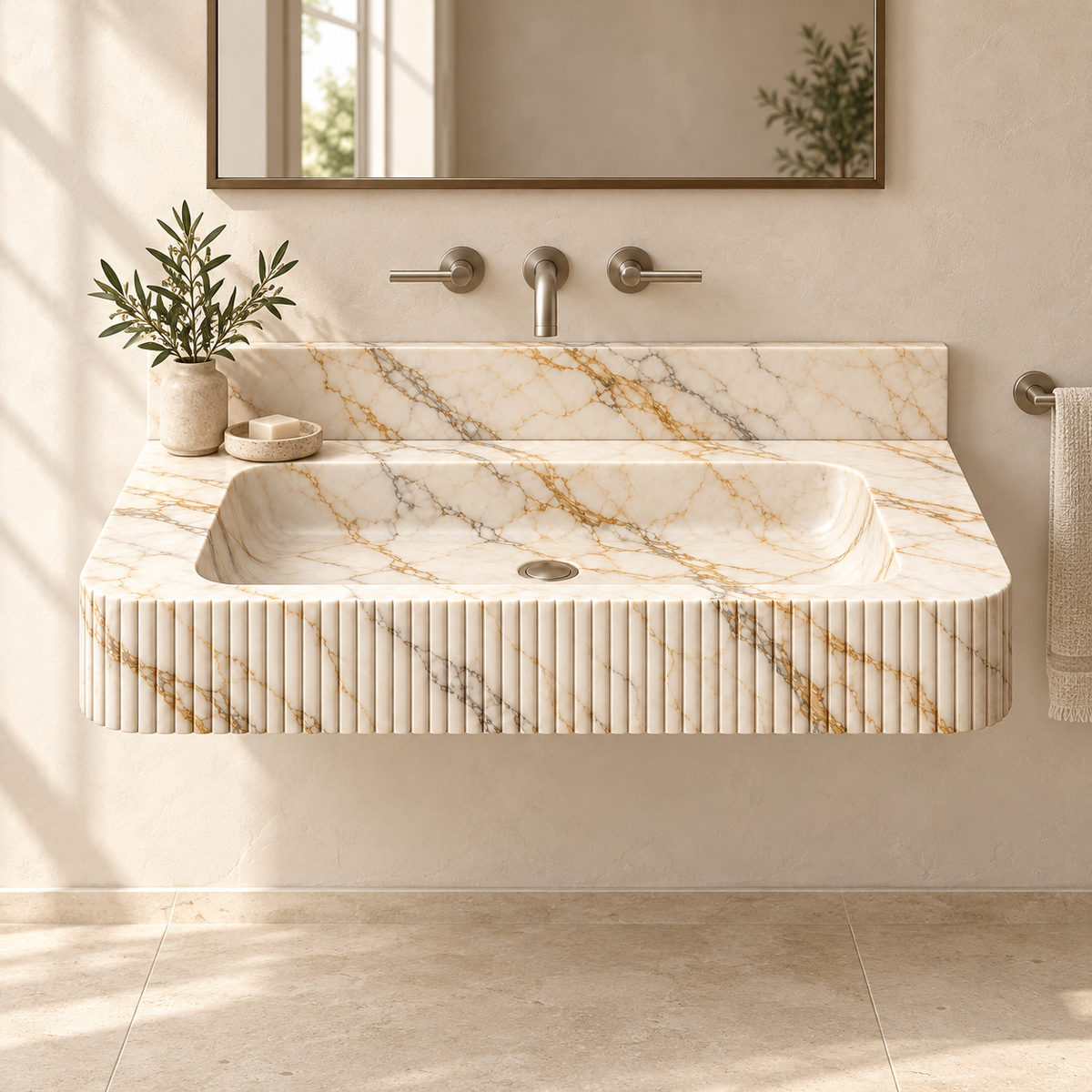 Reed Calacatta Gold Fine-Fluted Floating Marble Sink, styled bathroom view, design rendering