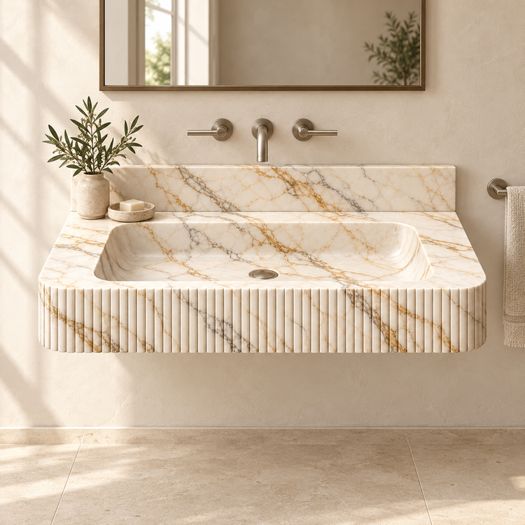 Reed Calacatta Gold Fine-Fluted Floating Marble Sink, styled bathroom view, design rendering