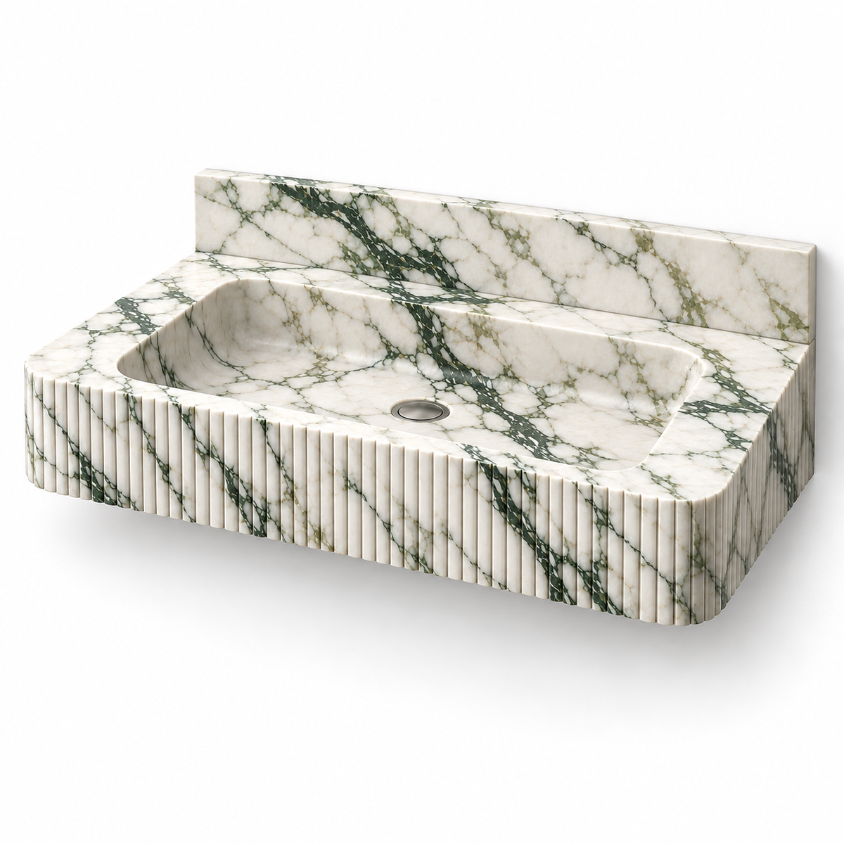 Reed Calacatta Green Fine-Fluted Floating Marble Sink, three-quarter view on white, design rendering