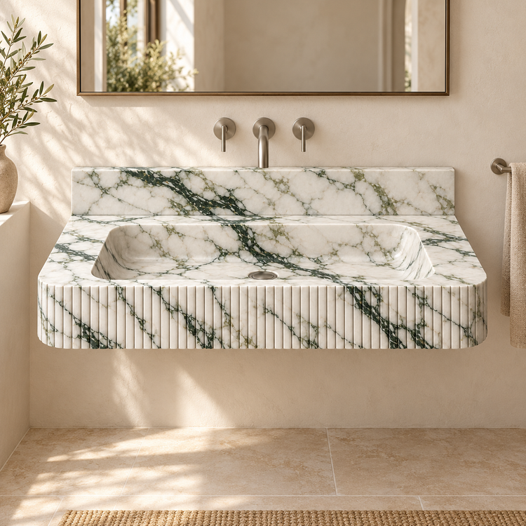 Reed Calacatta Green Fine-Fluted Floating Marble Sink, styled bathroom view, design rendering