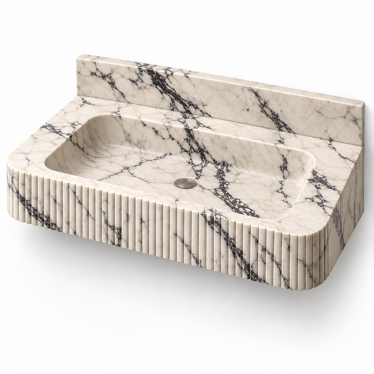 Reed Calacatta Viola Fine-Fluted Floating Marble Sink, three-quarter view on white, design rendering