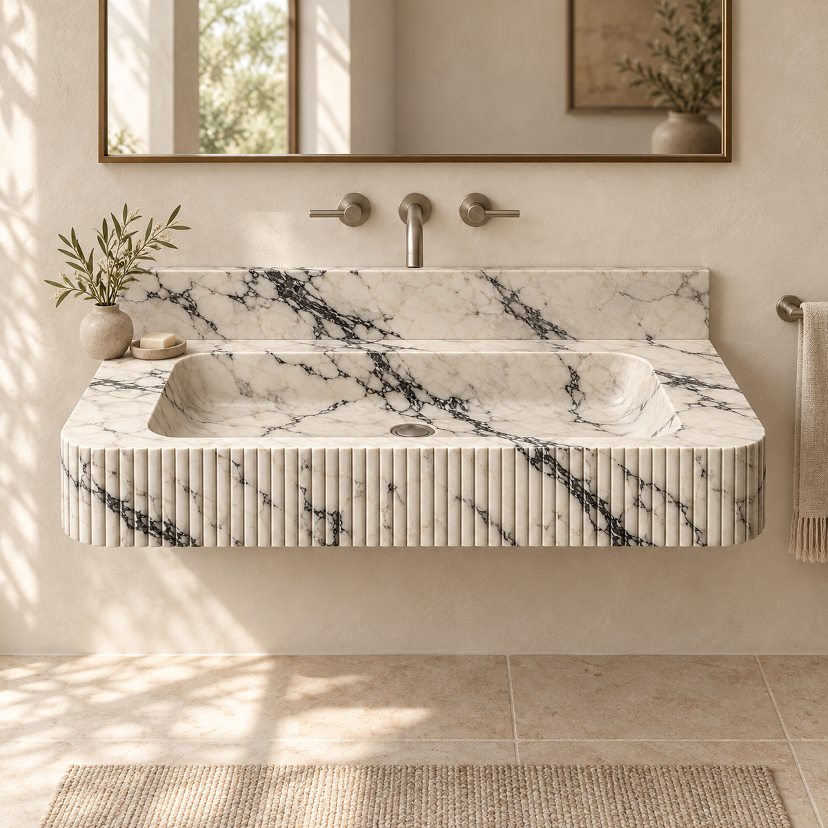Reed Calacatta Viola Fine-Fluted Floating Marble Sink, styled bathroom view, design rendering