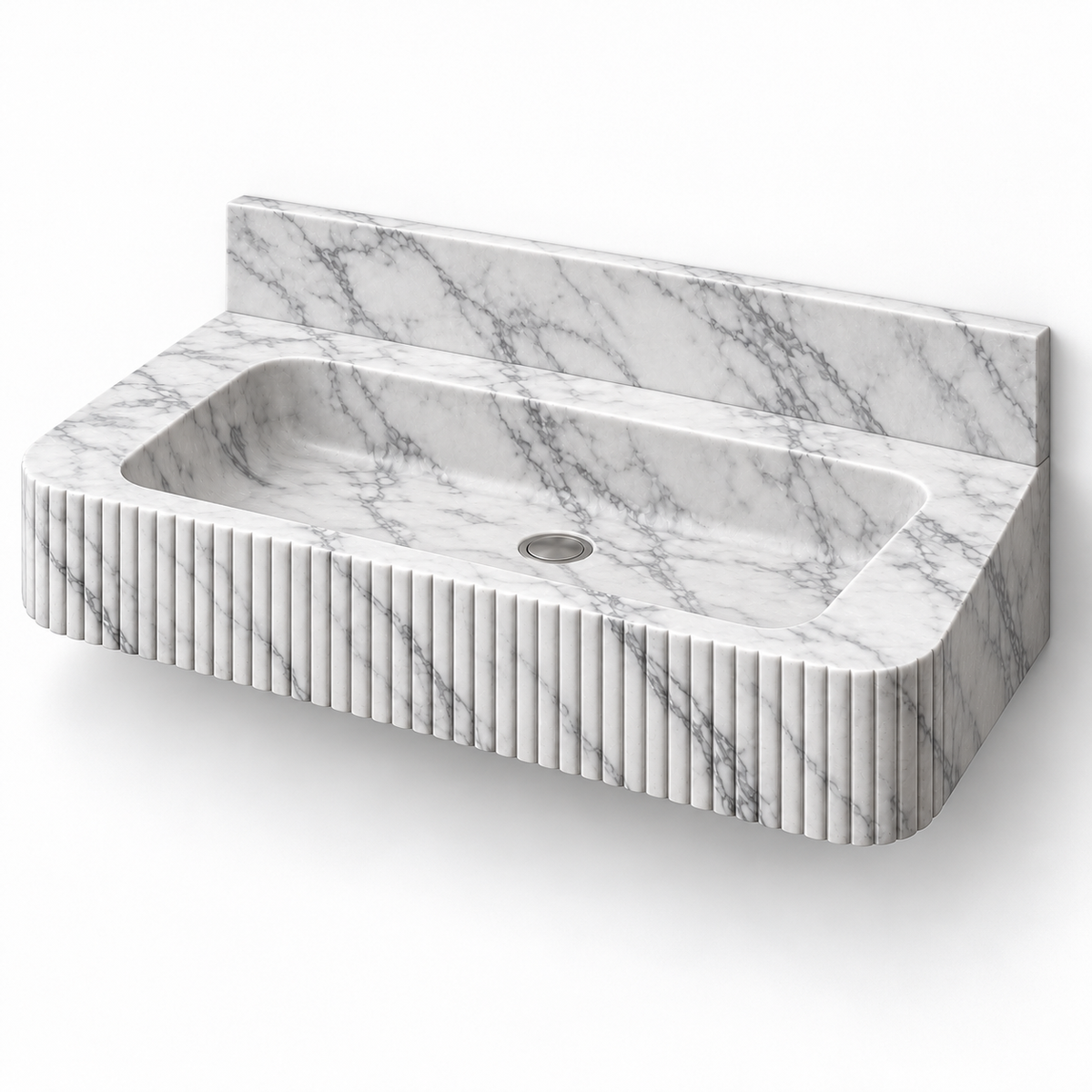Reed Carrara Fine-Fluted Floating Marble Sink, three-quarter view on white, design rendering