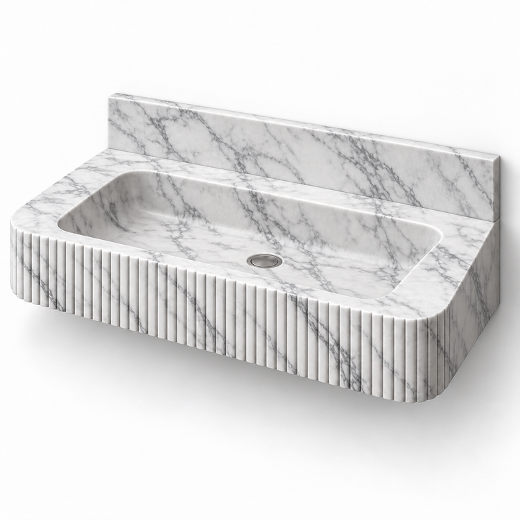 Reed Carrara Fine-Fluted Floating Marble Sink, three-quarter view on white, design rendering