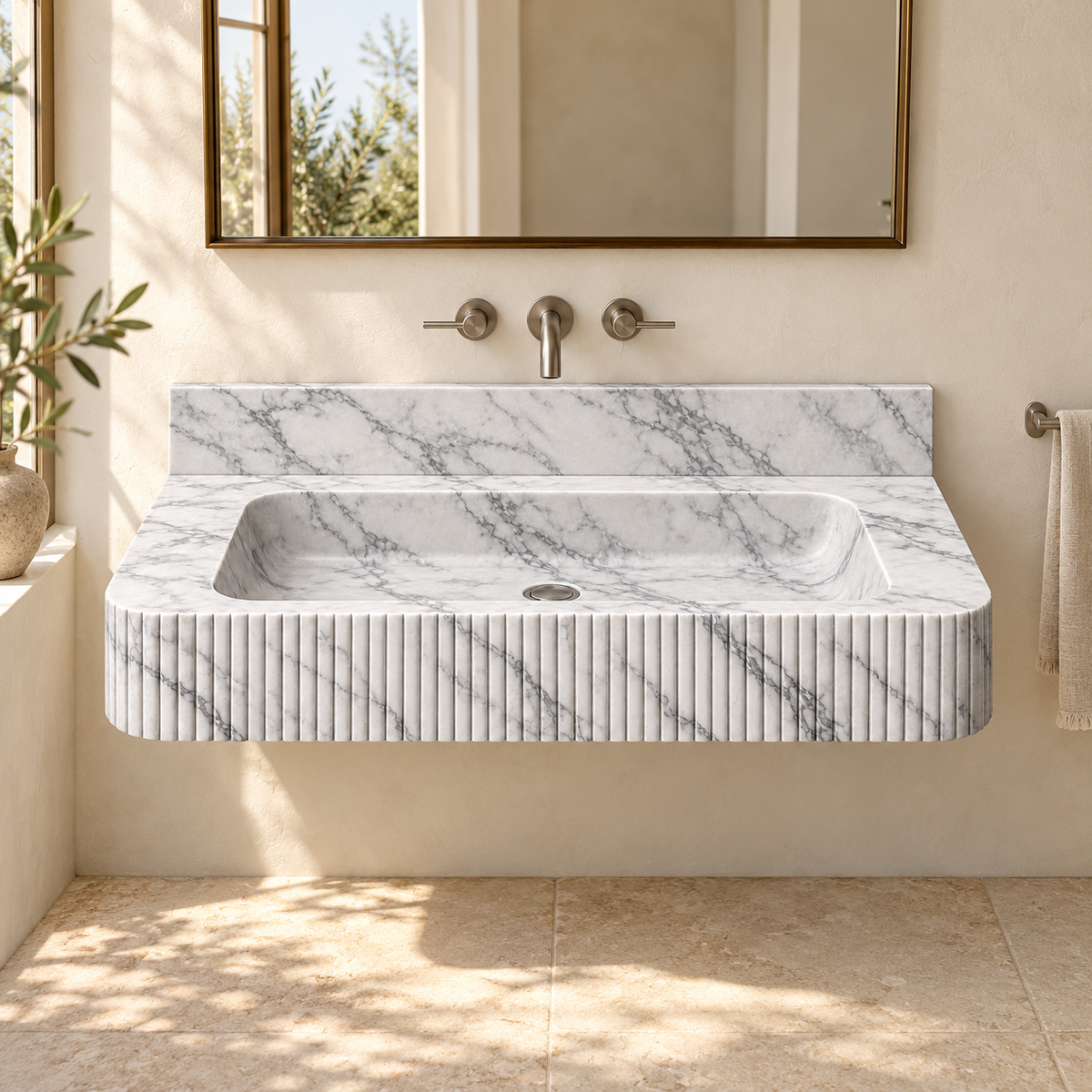 Reed Carrara Fine-Fluted Floating Marble Sink, styled bathroom view, design rendering