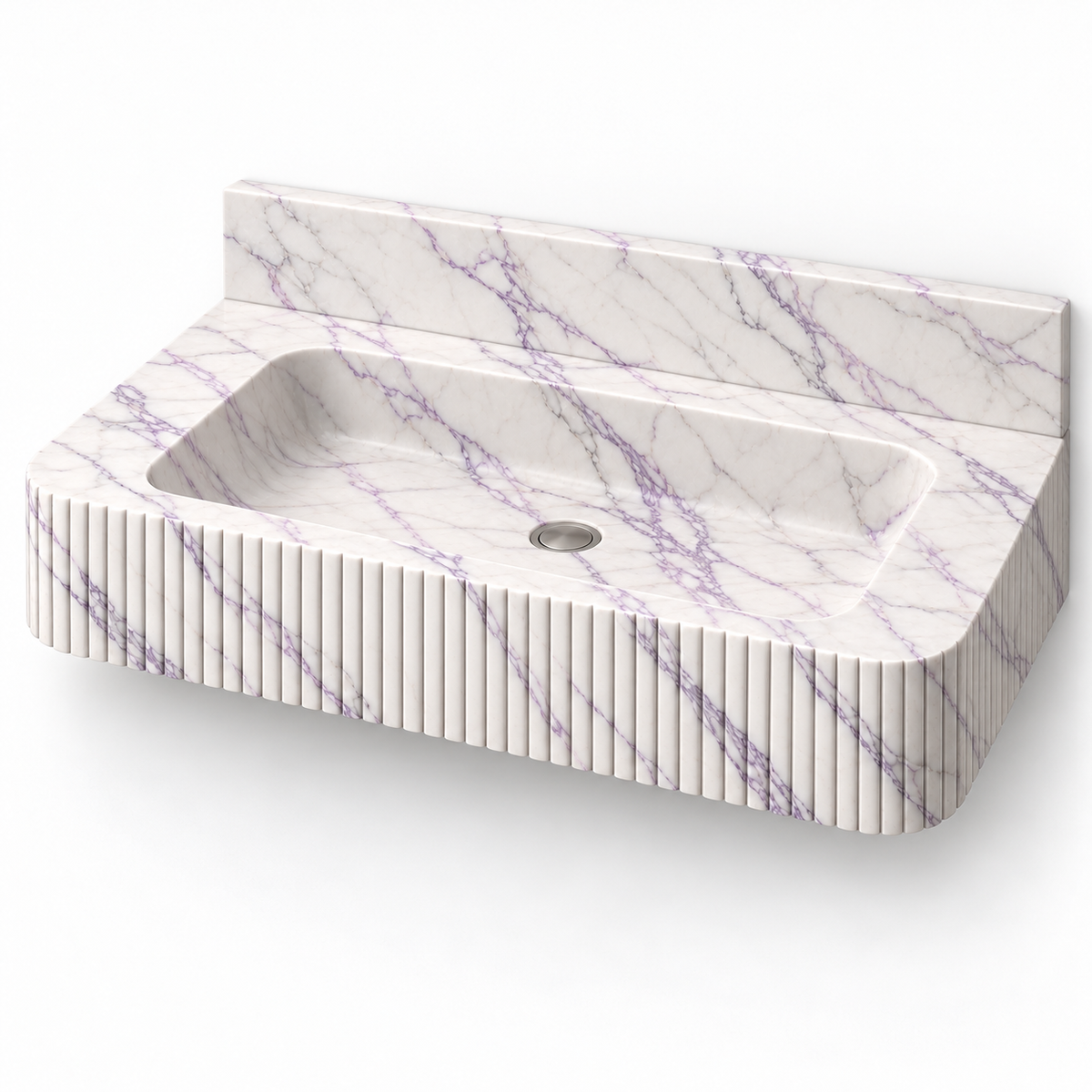 Reed Lilac Fine-Fluted Floating Marble Sink, three-quarter view on white, design rendering