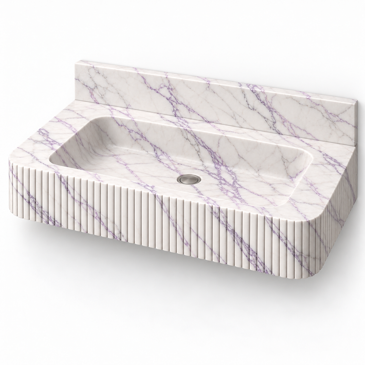 Reed Lilac Fine-Fluted Floating Marble Sink, three-quarter view on white, design rendering