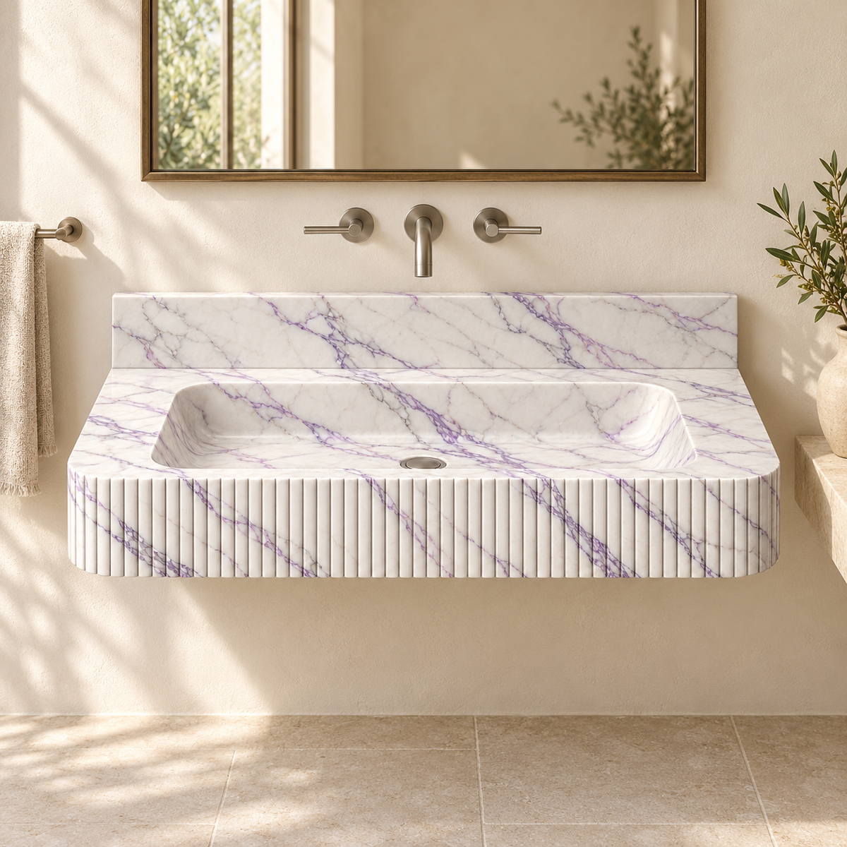 Reed Lilac Fine-Fluted Floating Marble Sink, styled bathroom view, design rendering