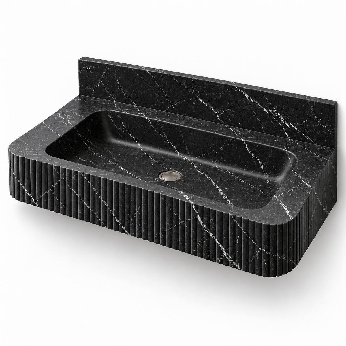 Reed Nero Marquina Fine-Fluted Floating Marble Sink, three-quarter view on white, design rendering