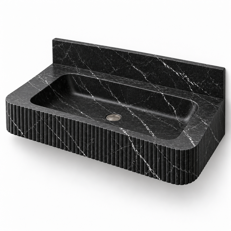 Reed Nero Marquina Fine-Fluted Floating Marble Sink, three-quarter view on white, design rendering