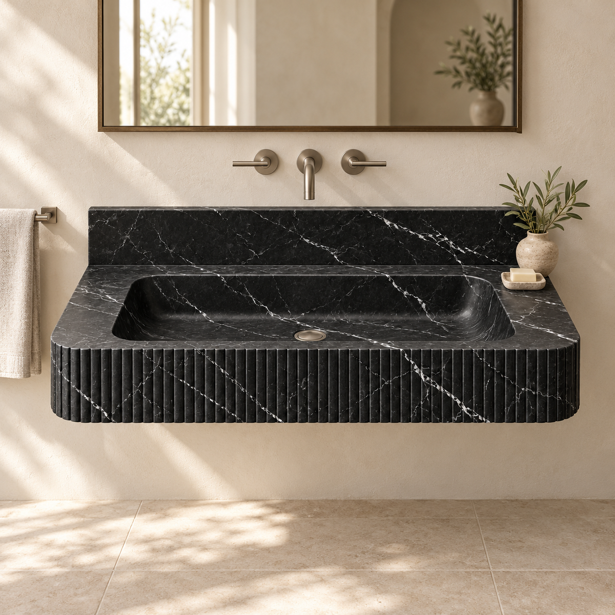 Reed Nero Marquina Fine-Fluted Floating Marble Sink, styled bathroom view, design rendering
