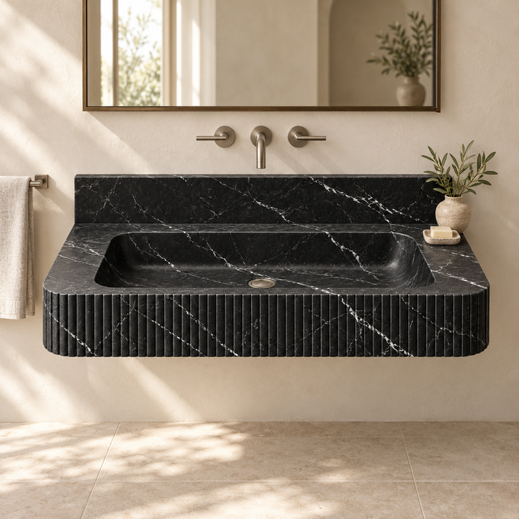 Reed Nero Marquina Fine-Fluted Floating Marble Sink, styled bathroom view, design rendering
