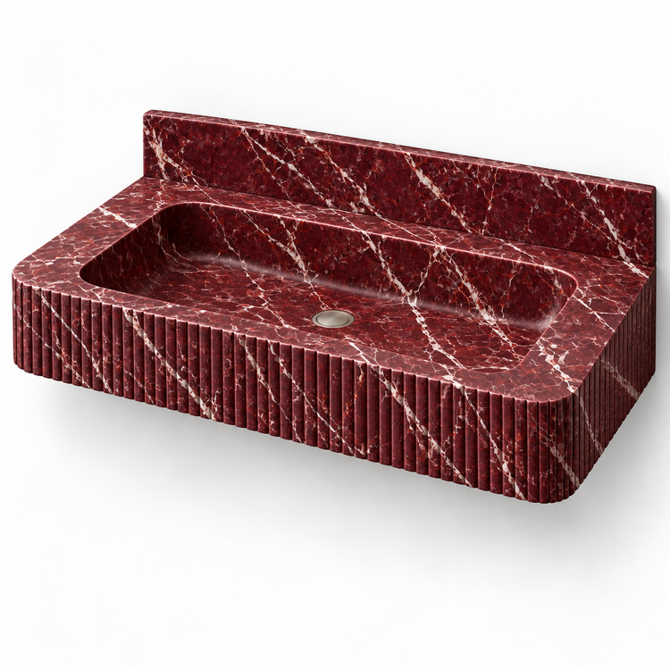 Reed Rosso Levanto Fine-Fluted Floating Marble Sink, three-quarter view on white, design rendering