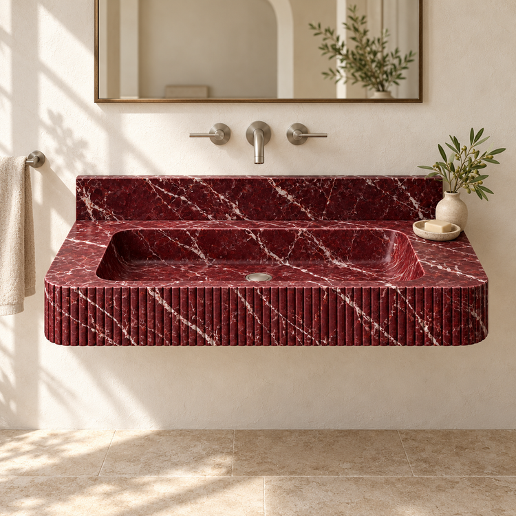 Reed Rosso Levanto Fine-Fluted Floating Marble Sink, styled bathroom view, design rendering