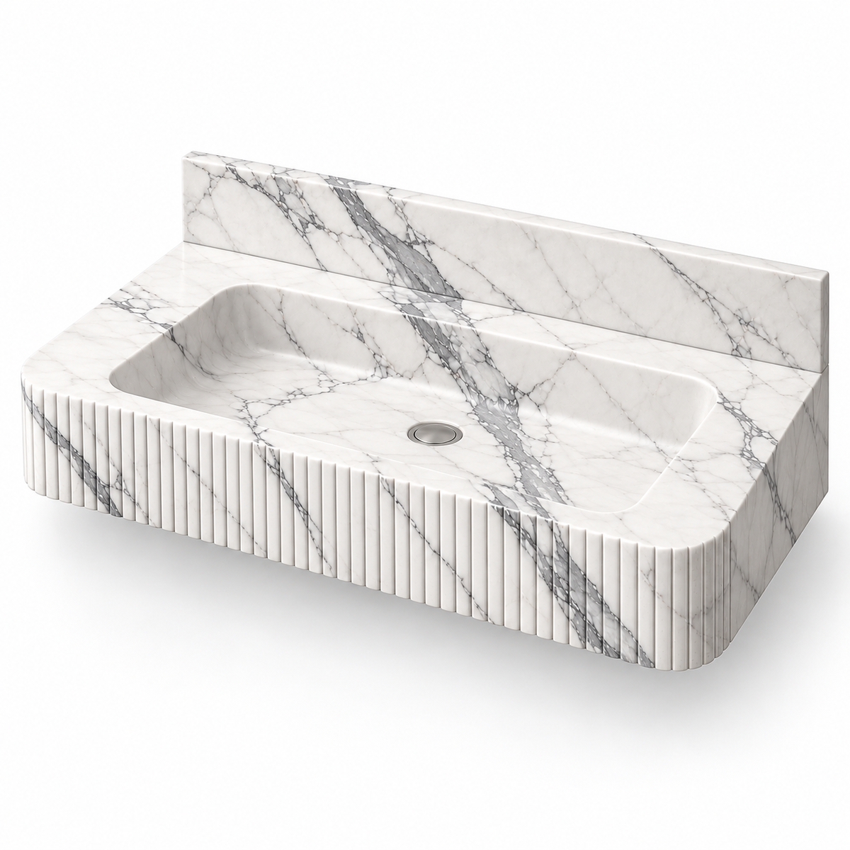 Reed Statuario Fine-Fluted Floating Marble Sink, three-quarter view on white, design rendering