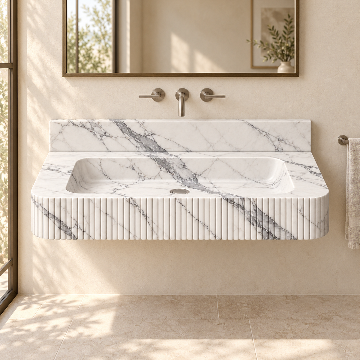 Reed Statuario Fine-Fluted Floating Marble Sink, styled bathroom view, design rendering