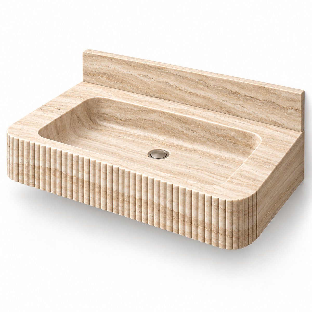 Reed Travertine Fine-Fluted Floating Stone Sink, three-quarter view on white, design rendering