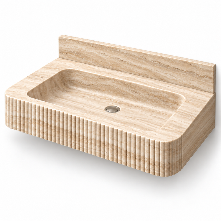 Reed Travertine Fine-Fluted Floating Stone Sink, three-quarter view on white, design rendering