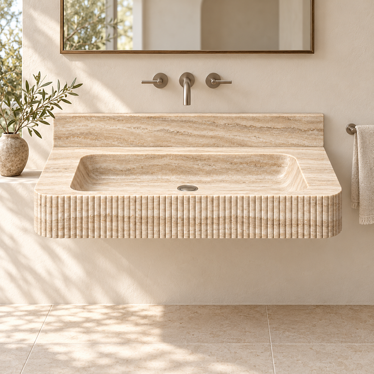 Reed Travertine Fine-Fluted Floating Stone Sink, styled bathroom view, design rendering