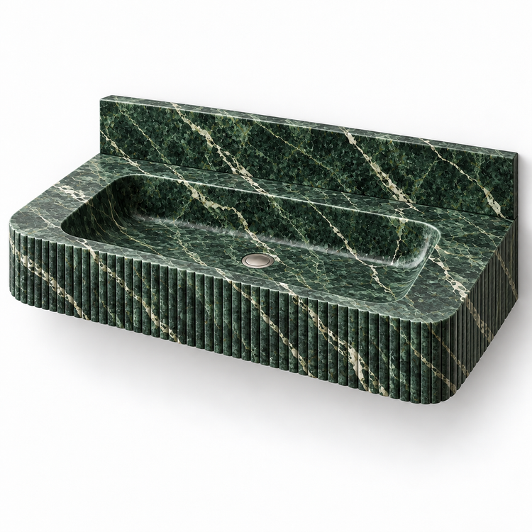 Reed Verde Alpi Fine-Fluted Floating Marble Sink, three-quarter view on white, design rendering