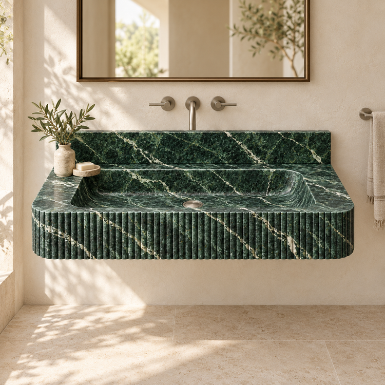 Reed Verde Alpi Fine-Fluted Floating Marble Sink, styled bathroom view, design rendering