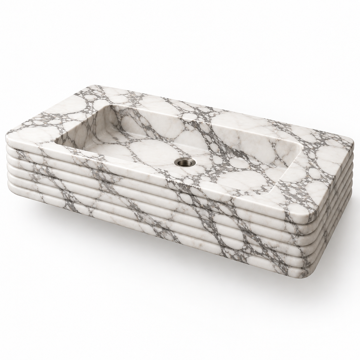 Ribbon Arabescato Horizontal-Ribbed Floating Marble Sink, three-quarter view on white, design rendering