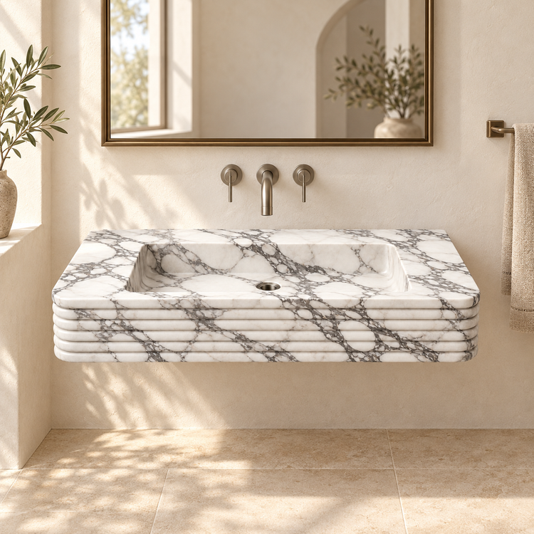 Ribbon Arabescato Horizontal-Ribbed Floating Marble Sink, styled bathroom view, design rendering