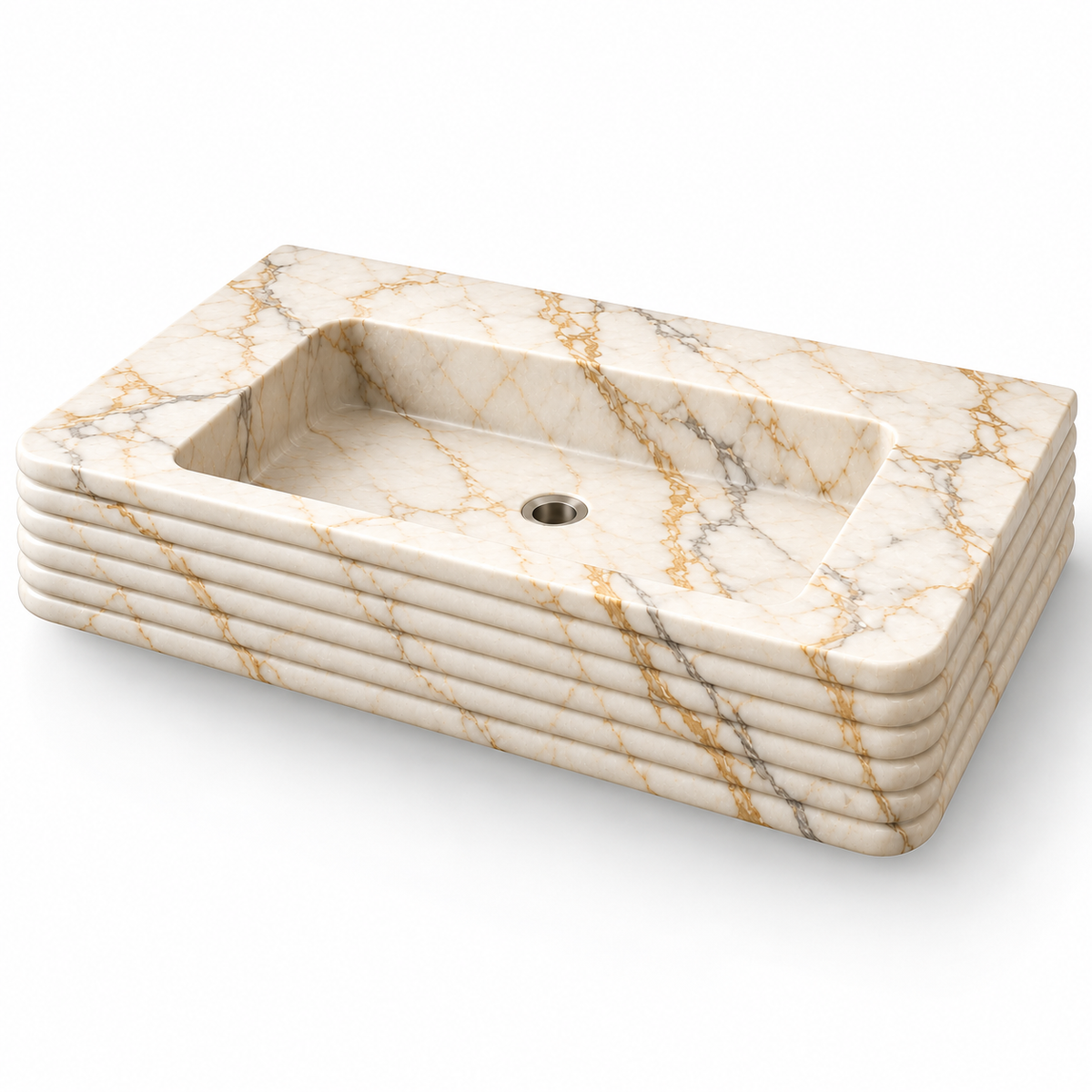 Ribbon Calacatta Gold Horizontal-Ribbed Floating Marble Sink, three-quarter view on white, design rendering