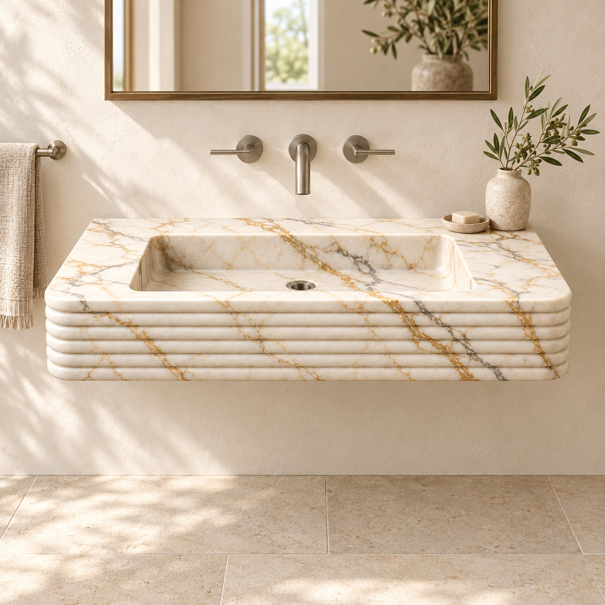 Ribbon Calacatta Gold Horizontal-Ribbed Floating Marble Sink, styled bathroom view, design rendering