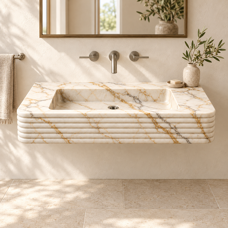 Ribbon Calacatta Gold Horizontal-Ribbed Floating Marble Sink, styled bathroom view, design rendering
