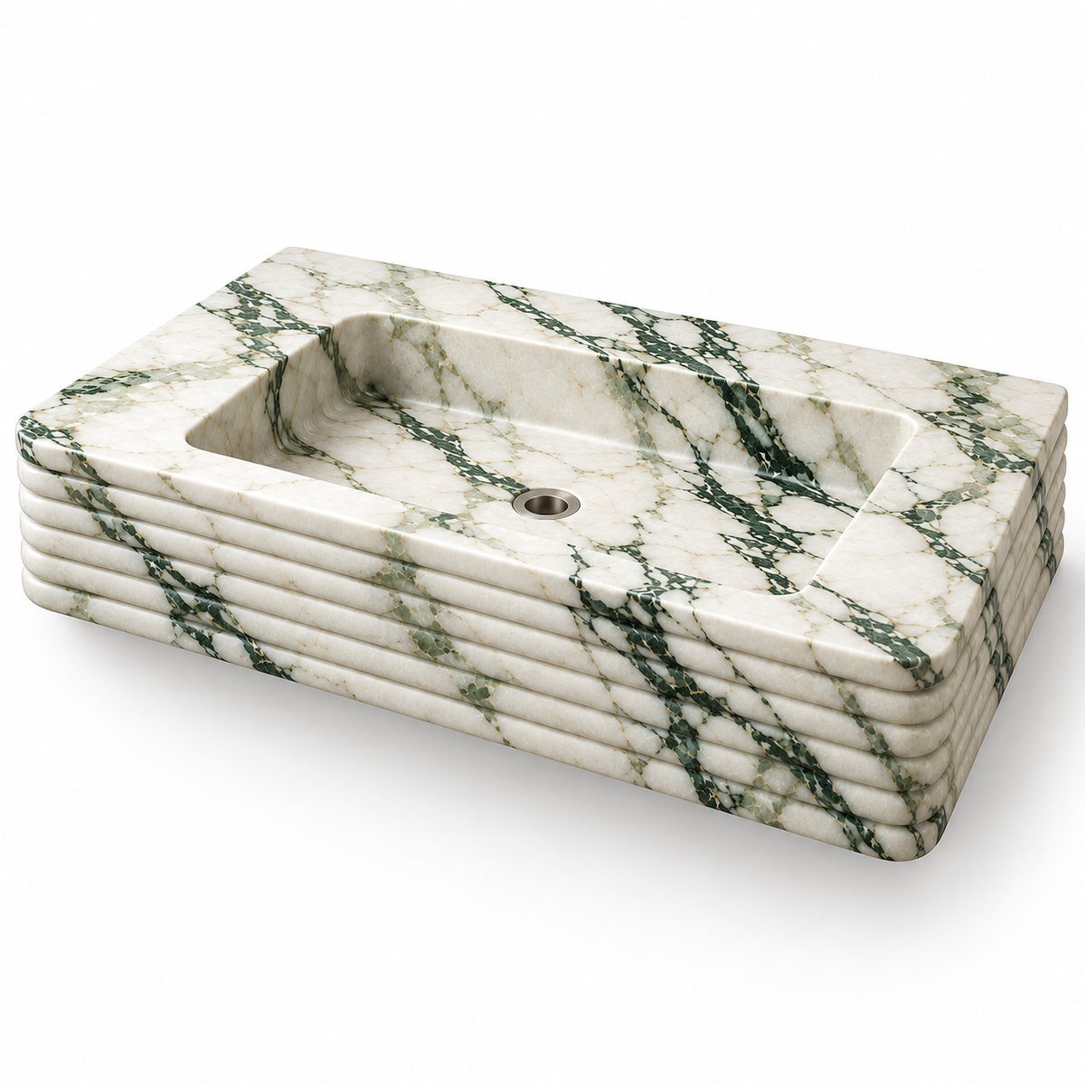 Ribbon Calacatta Green Horizontal-Ribbed Floating Marble Sink, three-quarter view on white, design rendering